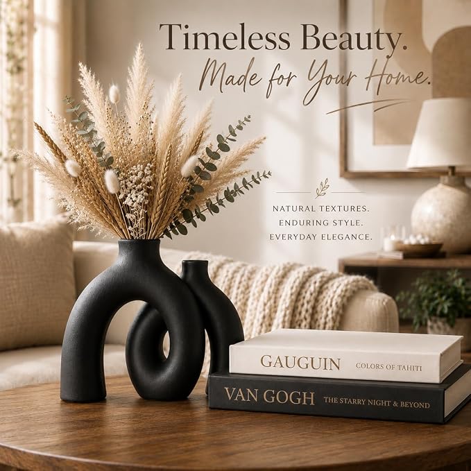 Jas & Jax Matte Black Ceramic Hug Donut Vase Set – Nordic Boho Home Decor, Pampas Grass & Dried Flowers Centerpiece for Living Room, Console Table, Bookshelf or Mantel - Image 4