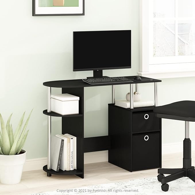 Furinno Jaya Simplistic Computer Study Desk, Americano/Chrome/Black - Image 2