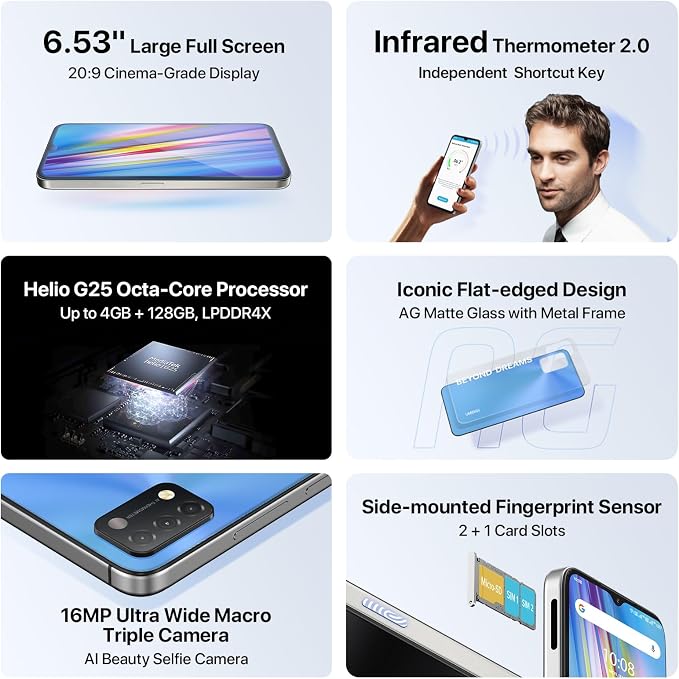 UMIDIGI A11 Unlocked Cell Phone, Helio G25, 4GB+128GB Expandable 256GB, 6.53 Inch FHD Touch Screen, AG Matte Glass Finish, 5150mAh Android 11 Smartphone, 16MP+8MP, Dual SIM 4G Volte, Al Face Unlock - Image 2