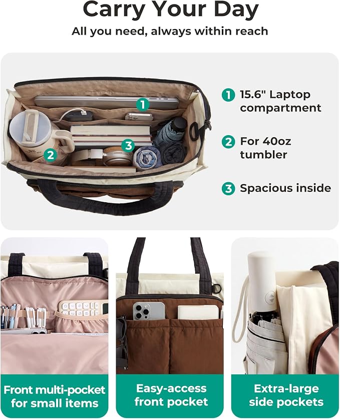 BAGSMART Small Tote Bag for Women, 13'' Laptop Canvas Work Bag with Zipper | 30oz/40oz Tumble & 11 Pockets Travel Tote, Teachers/Nurses, Lightweight Canvas or Water-Resistant Puffer Taslon Crossbody Bag - Image 7