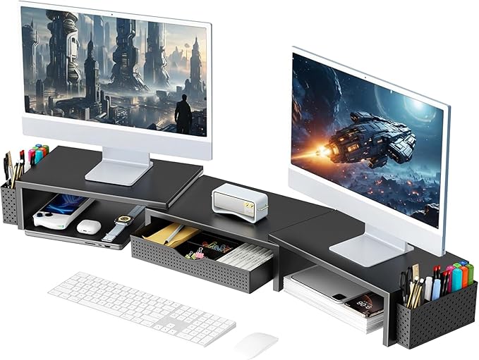 gianotter Dual Monitor Stand Riser, Desk Organizer With Drawer and 2 Pen Holders, Computer Monitor Stand, Desk Shelf for Top of Desk (Black) by gianotter