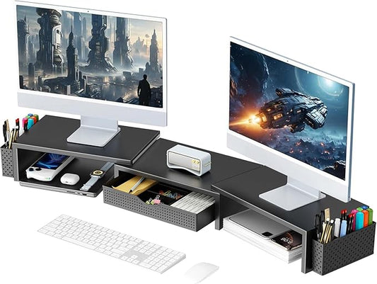gianotter Dual Monitor Stand Riser, Desk Organizer With Drawer and 2 Pen Holders, Computer Monitor Stand, Desk Shelf for Top of Desk (Black) by gianotter