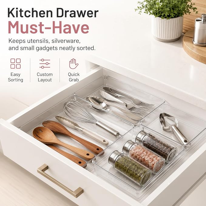 8 Pack Large Clear Plastic Drawer Organizer Bins - Acrylic Bathroom Drawer Organizer Trays - Heavy Duty Kitchen Drawer Dividers for Utensils - Non-Slip Storage Bins for Makeup, Bedroom, Office Desk - Image 5