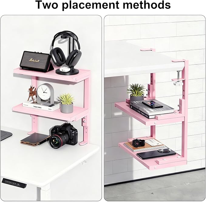 2-Tier Desk Shelf | Desk Organization Expandable Clamp on Desk Shelf Desktop Accessories for Offices and Game Rooms (Pink) - Image 4