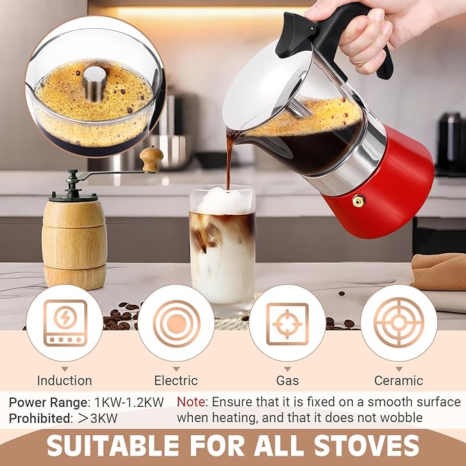 6 Cup 300ml Glass Moka Pot, Stovetop Espresso Maker, Red | Crystal Glass-top & Stainless Steel Coffee Maker, Induction Compatible, for Greca de Cafe, Cuban and Italian Coffee Brewing - Image 4