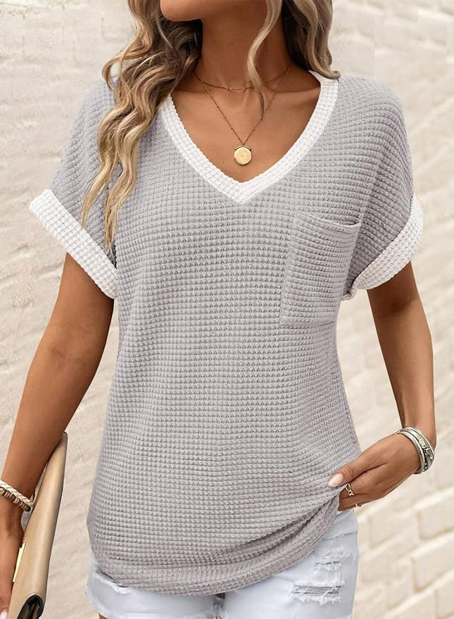 Dokotoo Womens Waffle Knit Tops 2026 Spring Summer V Neck Shirts Casual Trendy Women's Blouses Basic Tee - Image 2
