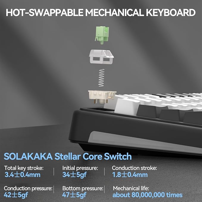 SOLAKAKA A75 PRO Black Gaming Keyboard 75% Wireless Mechanical with Screen and Knob, RGB Backlit Hot Swappable Gasket Pre-lubed PBT Keycaps for PC/Mac/Win - Image 7
