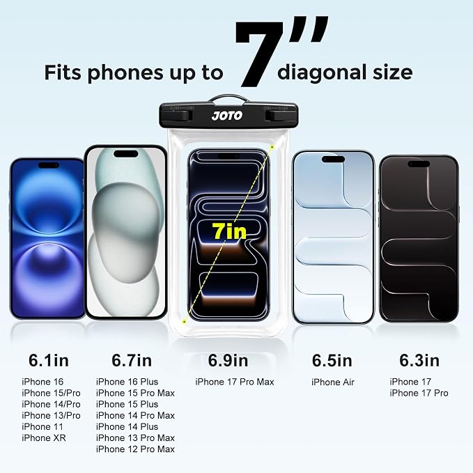 JOTO 2 Pack Universal Waterproof Phone Case for iPhone 17 Air 16 15 14 13 12 11 Plus Pro Max, IPX8 Cellphone Dry Bag XR X SE, Galaxy S23 S22 S21 S20+ S20 S10 Plus Note, Pixel up to 7" -Black, Clear - Image 4