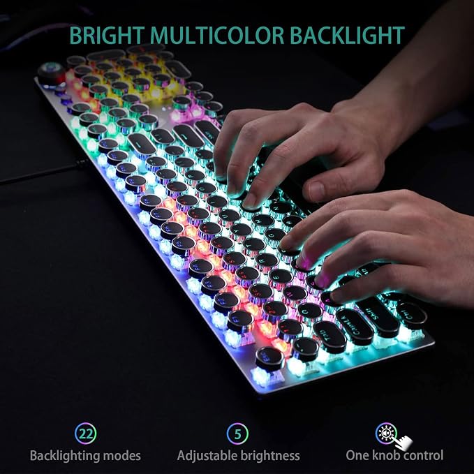 AULA F2088 Typewriter Style Mechanical Gaming Keyboard Wired,Blue Switches,Rainbow LED Backlit,Removable Wrist Rest,Media Control Knob,Retro Punk Round Keycaps,USB Wired Computer Keyboard - Image 2