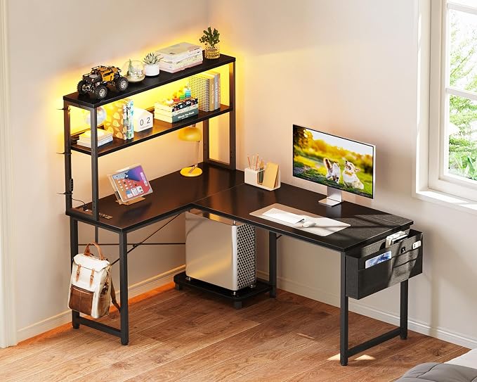 ODK 43" L Shaped Gaming Desk with Shelves, LED & Outlets, Black | Reversible L-shape. LED gaming lights & USB. Headset hook & storage bag. Fits dorms, small bedrooms & compact apartments. - Image 7