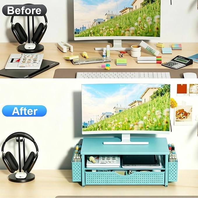Spacrea Desk Organizer and Accessories, Computer Monitor Stand Riser with Drawer and 2 Pen Holders, Office Desk Accessories & Workspace Organizers for Office Supplies (Blue) - Image 2