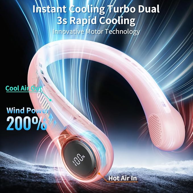 BNBZ Portable Neck Fan, 6000mAh Rechargeable Fan Blows Cold Air with LED Display, 4 Speeds, 20H Runtime, Quiet Wearable 360° Personal Cooling Fan for Outdoor Travel Work Gym,Fireplace Fans-Pink - Image 2