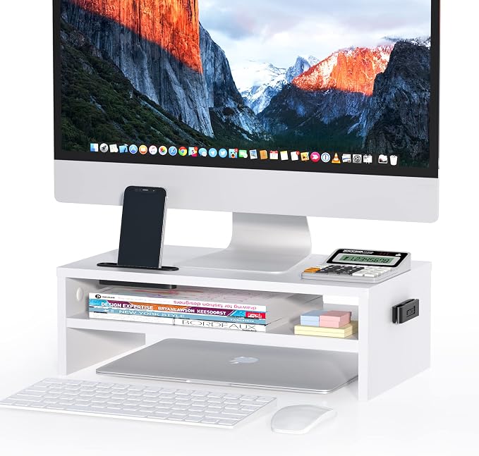 BONTEC Wooden Monitor Stand Riser for Desk, 2-Tier Computer Monitor Stand with Storage, 66 lbs Desk Shelf Organizer, Laptop & Printer Stand with Phone Holder and Cable Management, White, 16.5 Inch by BONTEC