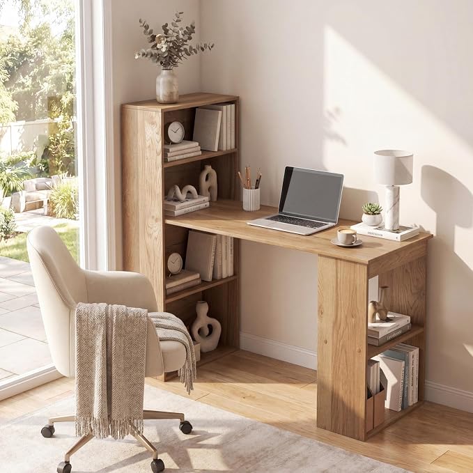 Tangkula Computer Desk with Bookshelf, Writing Study Desk with Storage Shelves & CPU Stand, Modern Compact Computer Workstation for Home & Office, Space-Saving Design(Natural) | Natural Wood Desk w/Storage Shelves & CPU Stand, Space-Saving Design Writi... - Image 9