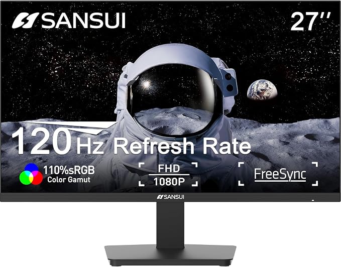 SANSUI 27 Inch Monitor,120Hz Computer Monitor Full HD 1920 x 1080P with HDMI DP Ports, 4000：1 Contrast, 110% sRGB, Eye Care, Frameless, 100 x 100mm VESA Mountable, for Work, Business, Gaming by SANSUI
