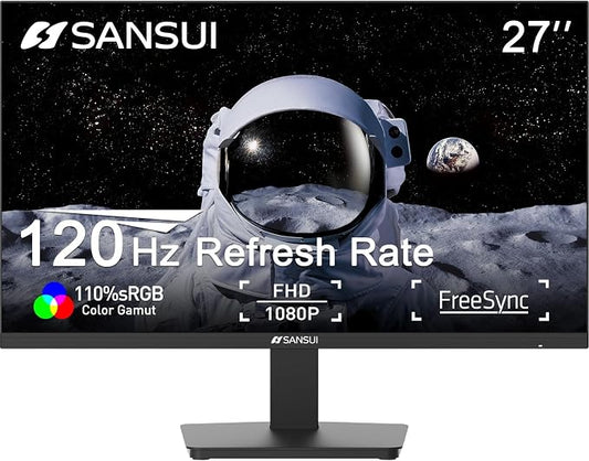 SANSUI 27 Inch Monitor,120Hz Computer Monitor Full HD 1920 x 1080P with HDMI DP Ports, 4000：1 Contrast, 110% sRGB, Eye Care, Frameless, 100 x 100mm VESA Mountable, for Work, Business, Gaming by SANSUI