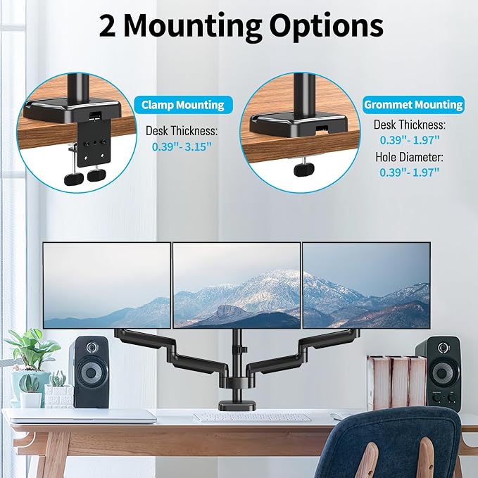 MOUNTUP Triple Monitor Mount for 17-32 inch Screens, Full Motion Triple Monitor Stand, 3 Monitors Desk Mount Holds 4.4-19.8 lbs Each, Clamp & Grommet Mounting, Black - Image 5