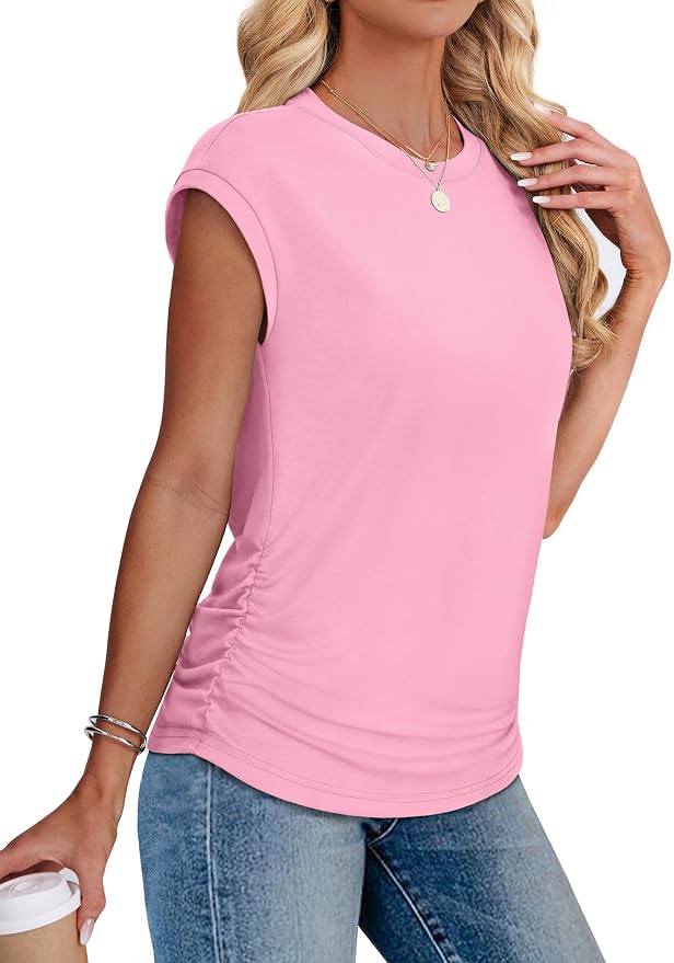 Sampeel Womens Summer Tops Trendy 2026 Ruched Cap Short Sleeve Tshirts Shirts Crew Neck T Shirts Fashion - Image 4