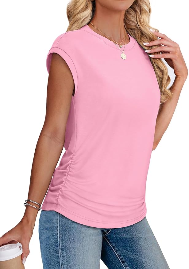 Sampeel Womens Summer Tops Trendy 2026 Ruched Cap Short Sleeve Tshirts Shirts Crew Neck T Shirts Fashion - Image 4