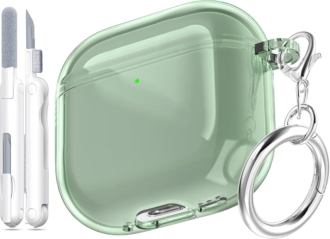 for AirPods 4th Generation Case Cover 2024, Military-Grade Shockproof, Soft TPU Highly Transparent Anti-Yellowing for AirPods 4 Case with Cleaning Kit & Cute Round Buckle, Clear Green by MHYALUDO