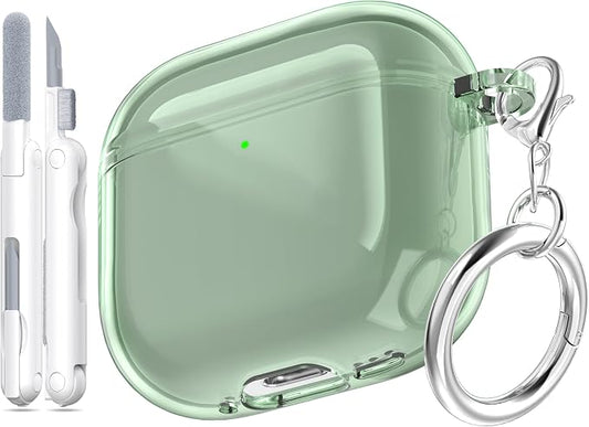 for AirPods 4th Generation Case Cover 2024, Military-Grade Shockproof, Soft TPU Highly Transparent Anti-Yellowing for AirPods 4 Case with Cleaning Kit & Cute Round Buckle, Clear Green by MHYALUDO