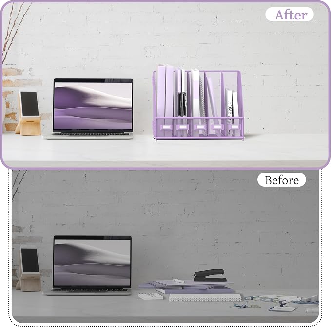 SUPEASY Desk Organizers Metal Desk Magazine File Holder with 5 Vertical Compartments Rack File Organizer for Office Desktop, Classroom, Home Workspace, Purple - Image 5