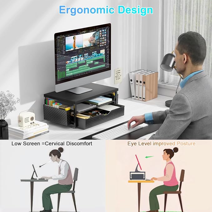 gianotter Desk Organizers and Accessories, Monitor Stand with Drawer and 2 Pen Holder, Desktop Organizer Suitable for Offices and Dormitories (Black-Plain) - Image 2