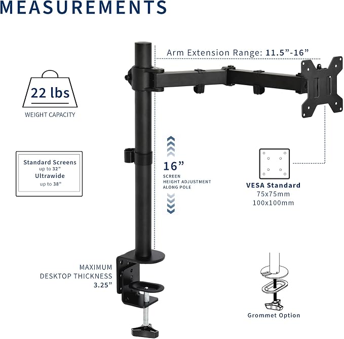VIVO Single 13 to 38 inch Ultrawide Monitor Arm Desk Mount, Regular Screens up to 32 inches, 22 lbs capacity, Fully Adjustable Stand with C-Clamp and Grommet Base, Black, STAND-V001 - Image 6