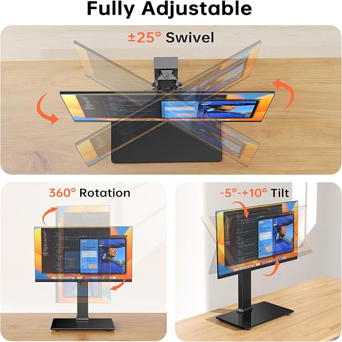 Afaloona Freestanding Single Monitor Stand for 13-32 Inch Monitor, No Clamp | Max Load 77lbs | Tempered Glass Base | ±25° Swivel | -5° to +10° Tilt | 360° Rotation | 4 Height Options | VESA 75×75/100×100 - Image 2