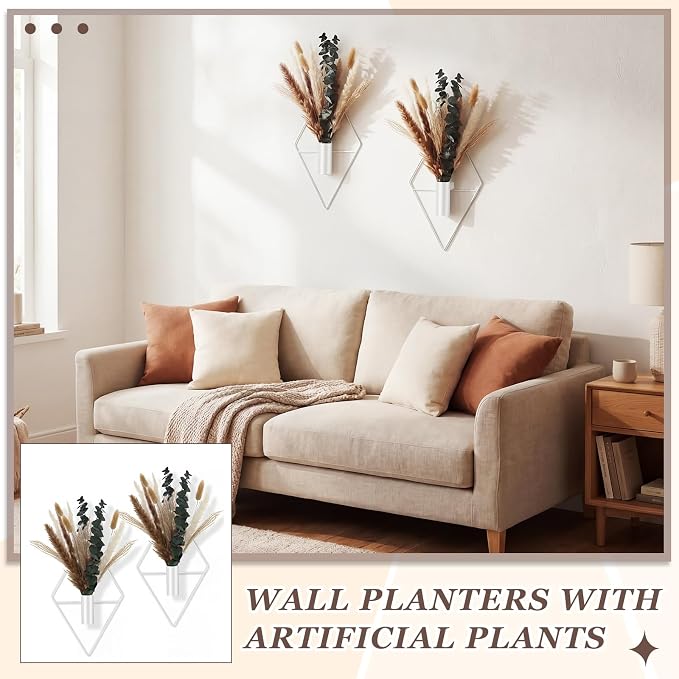 Jexine 4 Pcs Hanging Planters with Artificial Pampas White Metal Hanging Vase Indoor Plants Holder Modern Geometric Boho Bathroom Wall Decor for Living Room Home Office - Image 7