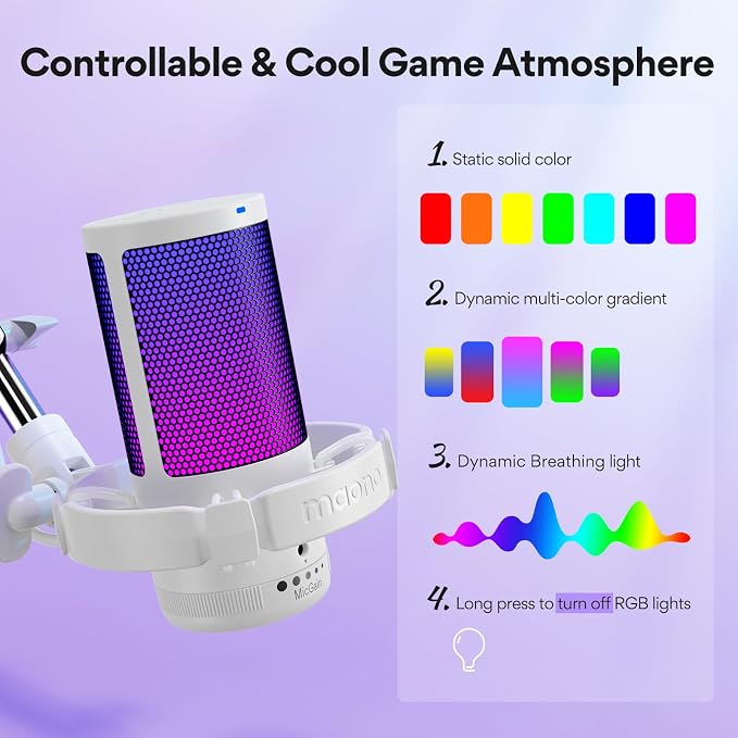 MAONO DGM20S USB Microphone for PC with Clear Voice & Noise Reduction | RGB Lighting, Tap-to-Mute, Gain Control, Monitoring and Boom Arm for Discord Gaming, Streaming, Content Creation.White - Image 6