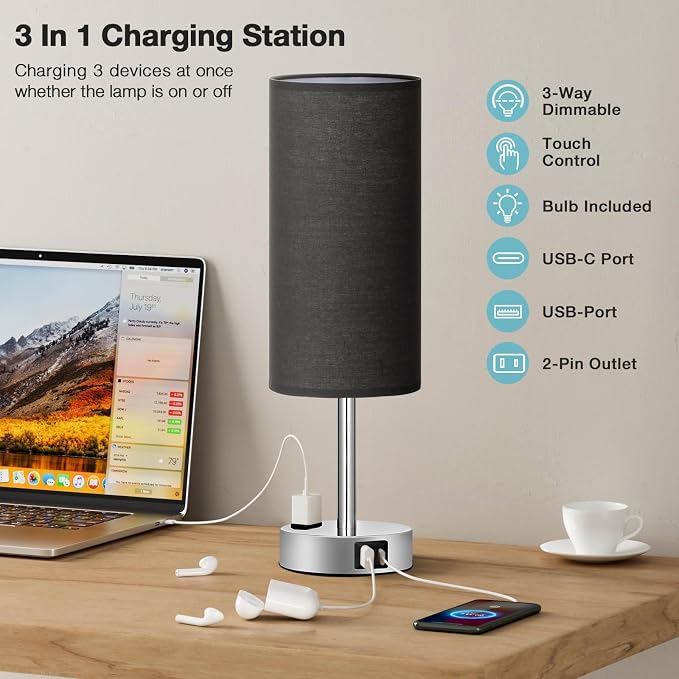 Black Bedroom Table Lamp for Bedside - 3 Way Dimmable Touch Lamp USB C A Charging Ports and AC Outlet, Small Desk Lamp for Nightstand for Living Room with Silver Base, Office Desk, LED Bulb Included - Image 3