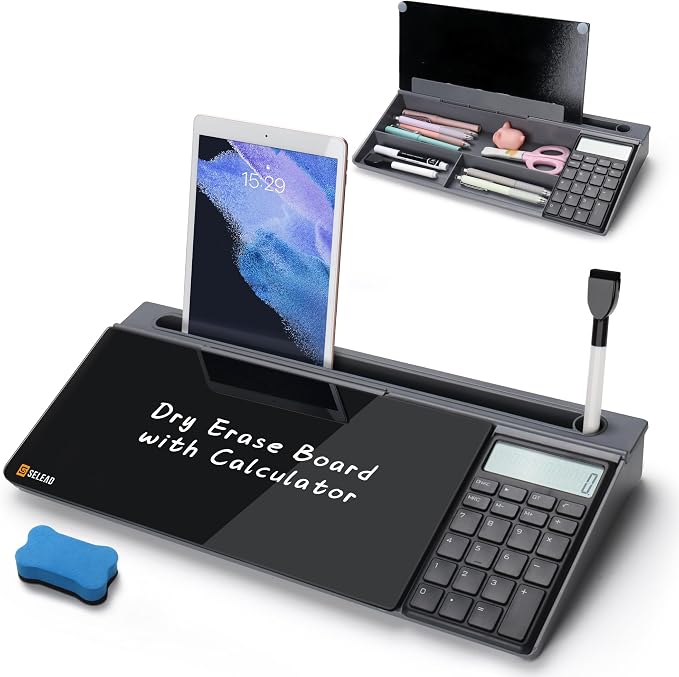 SELEAD Desktop Glass Whiteboard with Calculator, Dry Erase Board Computer Pad Keyboard Stand with Organizer Drawer for Home, School, Office Desk Accessories, Black by SELEAD