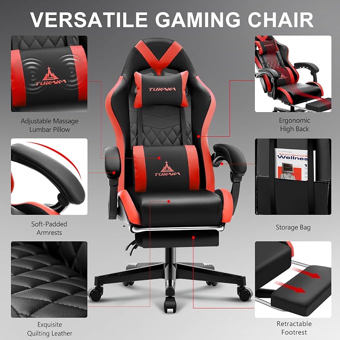 Gaming Chair,Ergonomic Massage Office Desk Chair with Footrest,Red | Pocket Spring Cushion,Reclining,Thick High Back,Headrest and Lumbar Support,Adjustable Leather Computer Chair Gamer Chair - Image 5