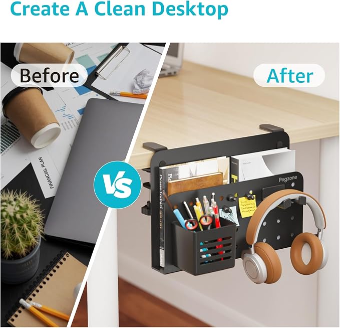 PEGZONE Desk Side Storage Organizer, Fits Flat Edge 0.4" to 2.2", Black | No Drill Under Desk Laptop Holder, Clamp on Desks Shelf with Pegboard Accessories, Hanging Laptop Mount - Image 7