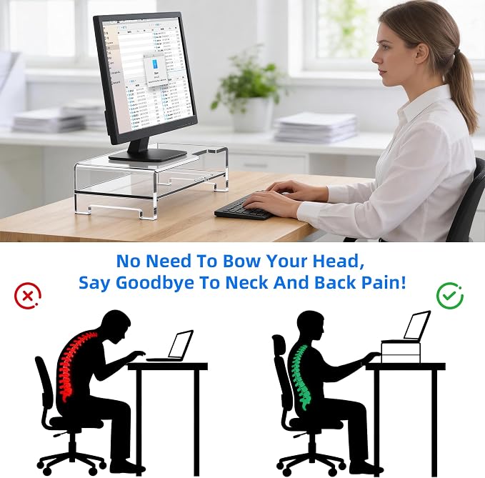 Acrylic Monitor Stand Riser Clear Laptop Stand 2-Tier L16 xW7.5 xH4.7 | Computer Monitor Stand Laptop Riser with Storage, Compatible with All Notebooks and Monitors, Desk Organizer for Home Office - Image 3