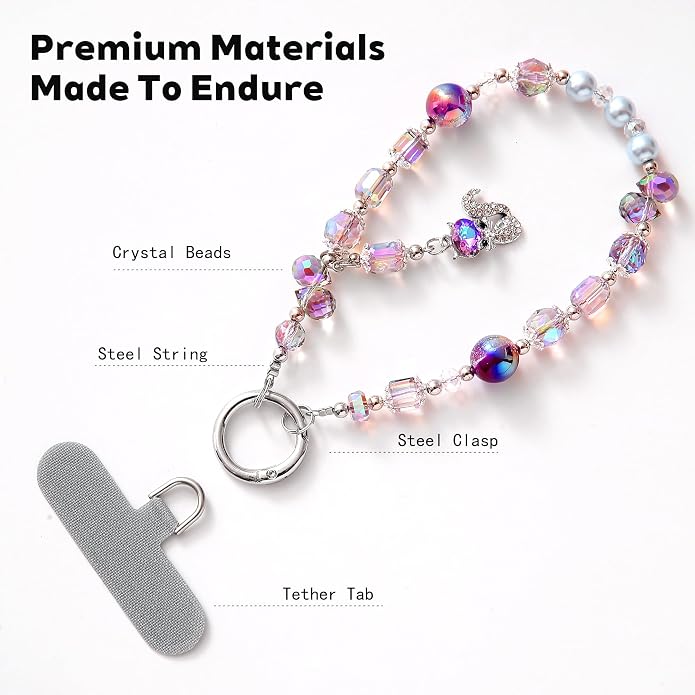 Phone Charm with Beaded Crystals, Anti-Theft Phone Strap, Hands-Free & Detachable Cellphone Lanyard, Cellphone Chain Wristlet with Tether Tab - Image 3