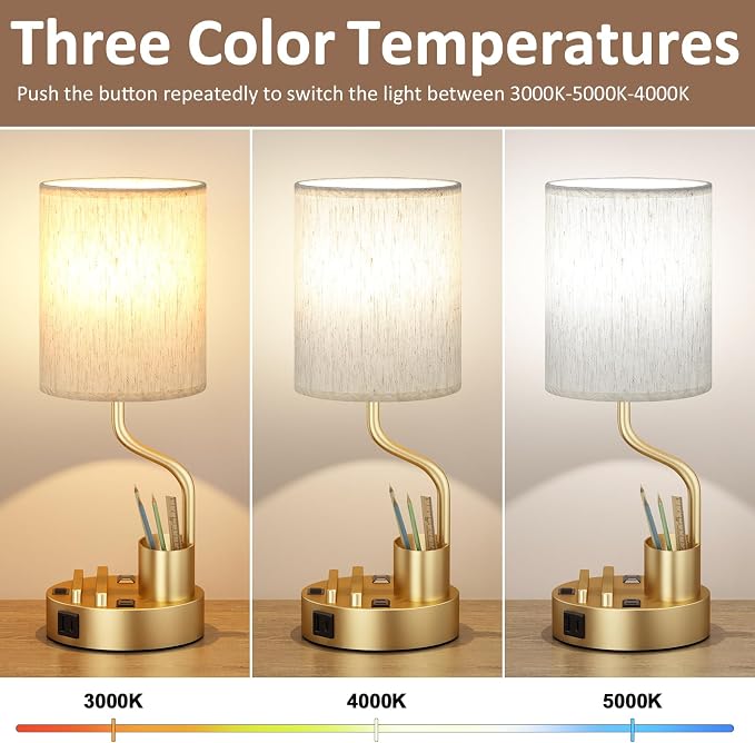 Fenmzee Bedside Lamps for Bedroom Set of 2 - Table Desk Lamp for Nightstand | 15" Table Lamp for Living Room with Pen Holder & Phone Stand, USB A+C Port, AC Outlet, 3 Color Temperature, LED Bulb Included - Image 3