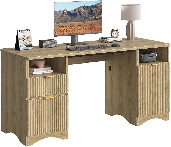Bestier 59 inch Computer Desk with 2 Drawers, Office Desk with Storage File Cabinet and 2 Open Storage Shelves, Modern Fluted Executive Desk for Home Office Bedroom, Natural Oak - Image 7