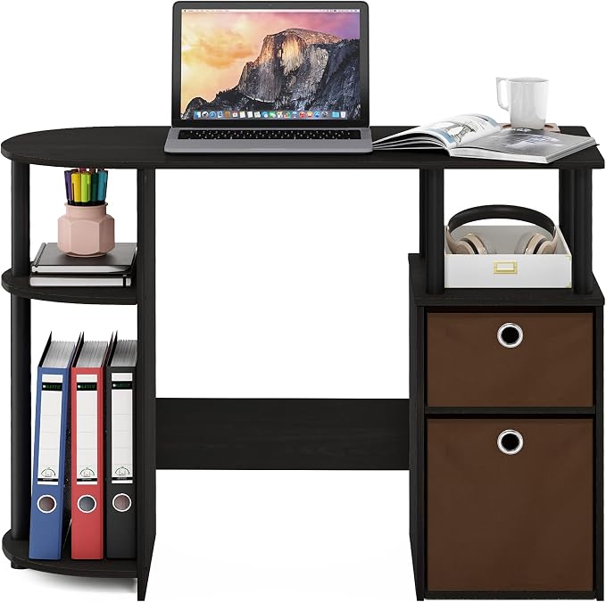 Furinno JAYA Desk, 38.4" Wide Gaming Desk with Bin Drawers, Computer Desk with Side Shelf, Office Desk for Study, Home Office, Bedroom, Dorm, Study Room, Espresso - Image 4