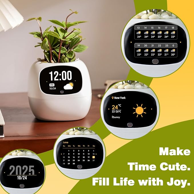 Smart Plant Pot with Visual Display – Soil Moisture, Water Level, Light & Battery Monitor, 80ml Self-Watering Reservoir, Supports 50+ Plants, Pomodoro Timer, Clock & Calendar (White) - Image 6