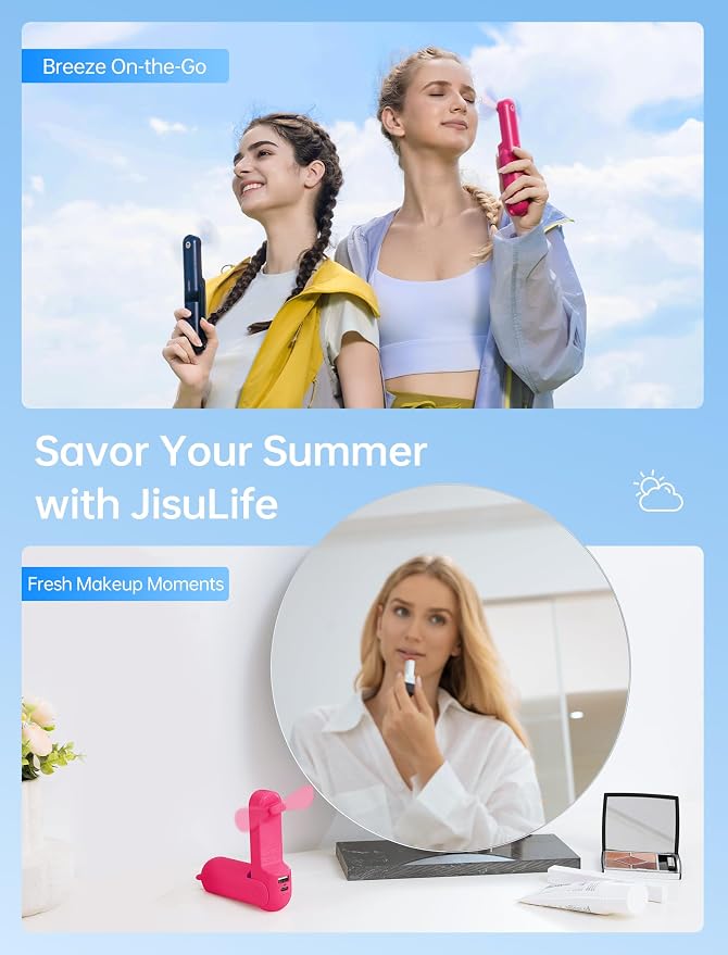 JISULIFE 3 IN 1 Handheld Mini Fan - Portable Fan & Power Bank & Flashlight, 19H Max Cooling, USB Rechargeable, Pocket-Sized for Travel, Cruise, Concerts, Makeup, 2026 Summer Gifts for Women(Fuchsia) - Image 7