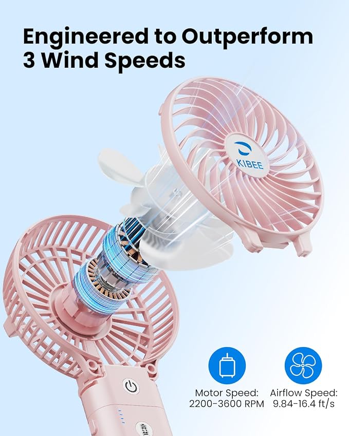 KIBEE 5200mAh Portable Handheld Fan, 20H Max Runtime USB Rechargeable Foldable 180° Mini Personal Fan, 3 Speeds Quiet Cooling Fan with Stand & Power Bank, Travel Outdoor Makeup Concerts (Pink) - Image 2