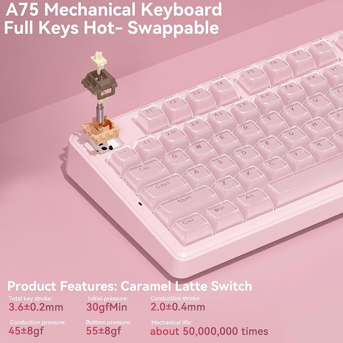 SOLAKAKA A75 Wireless Gaming Keyboard with Multifunction Knob, BT5.0/2.4GHz/USB-C, 75% Mechanical Keyboard, Hot-Swappable, Gasket Creamy Keyboard with RGB Backlit, Crystal Keycaps, for PC/Mac/PC - Image 5