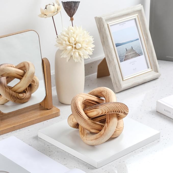 Yalikop 3 Link Wood Knot Decor Rustic Home Décor Accents Hand Carved Coffee Table Decoration, Boho Chain Link Decoration, Modern Shelf, Rustic Objects for Home Living Room Bedroom(Burnt) - Image 5