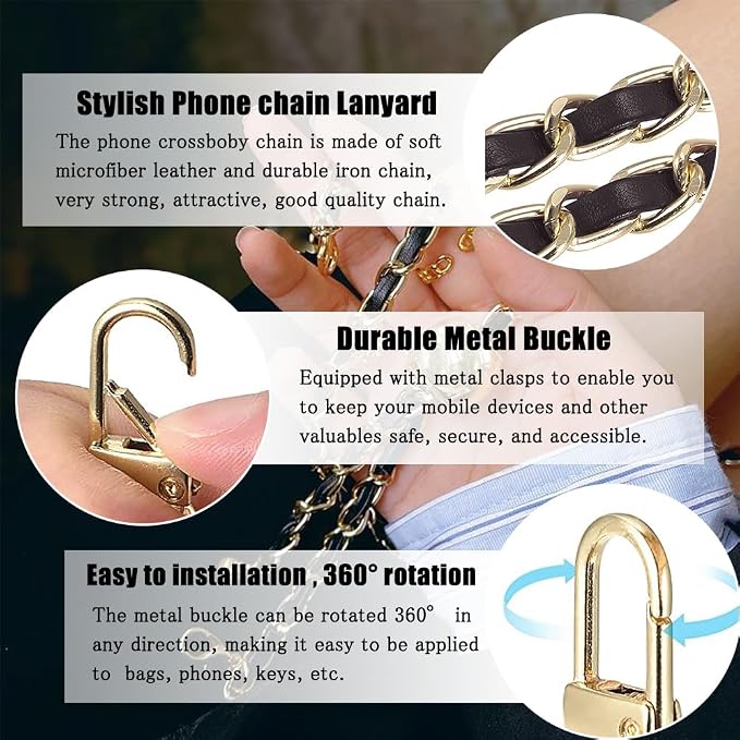 Phone Crossbody Chain Cell Phone Lanyard,Universal Leather+Metal Shouder Strap with Phone Tether Patches (A) - Image 2