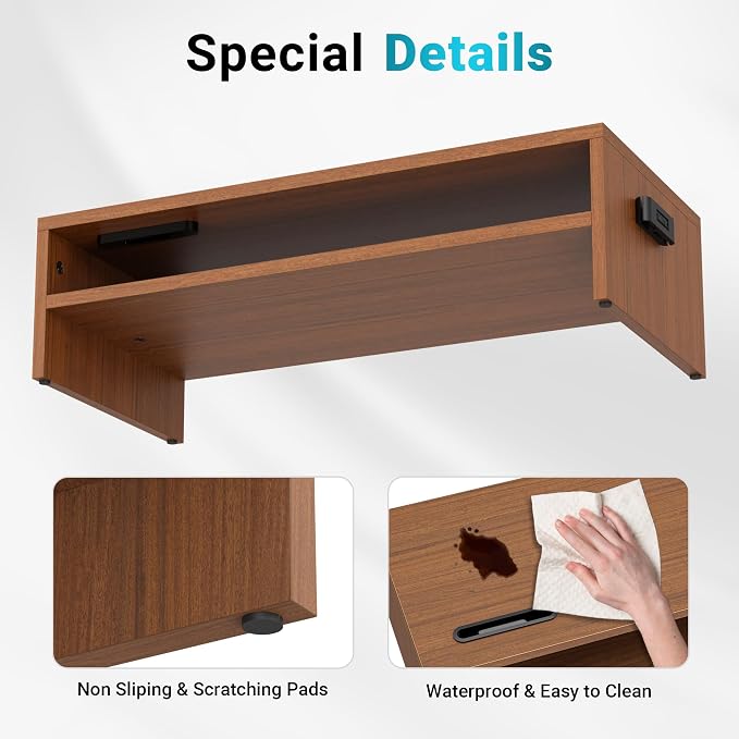 BONTEC Wood Monitor Stand Riser, 2-Tier Desktop Organizer | Ergonomic Computer Stand for Desk, Cable Management, Cellphone Holder, 21.3 Inch Shelf, Walnut - Image 7