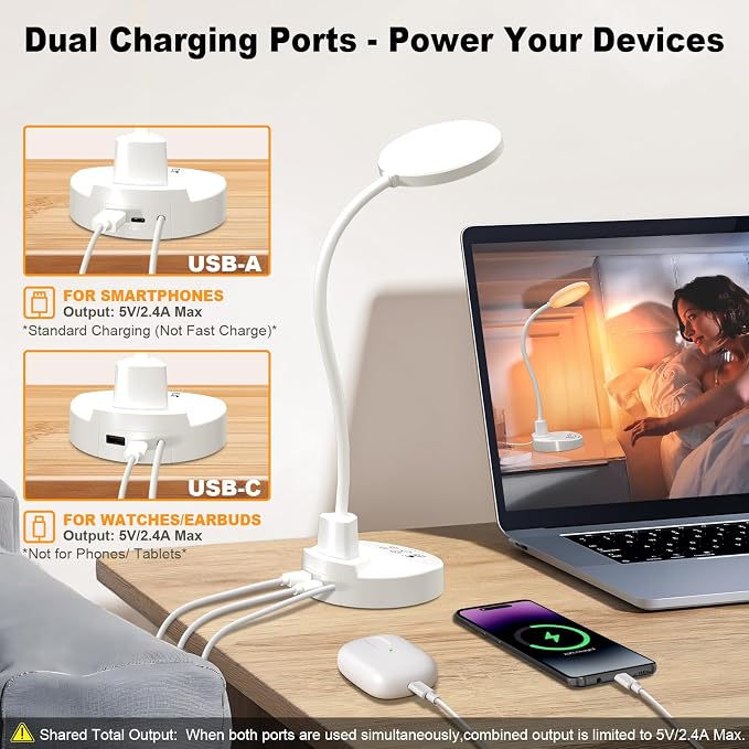 15W LED Desk Lamp with USB Charging Ports – Dimmable Table Lamp with 3 Color Temps, 5 Brightness, 4 Timers, Flexible Gooseneck Light with Base, Eye-Caring Reading Light for Home Office, Bedroom, Study - Image 4