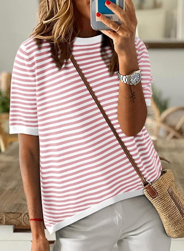 Dokotoo Womens Tops 2026 Casual Summer Crewneck Short Sleeve Striped Color Block Knit High Low Trendy Pullover Sweaters - Image 2