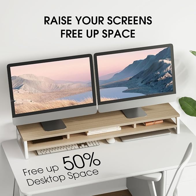 Fenge Dual Monitor Stand for Desk, 42.5in Large Monitor Riser for 2 Monitors, 2 Tier Computer Office Desk Top Shelf, Desktop Storage Stand for Laptop, PC, Computer, Printer - Image 4